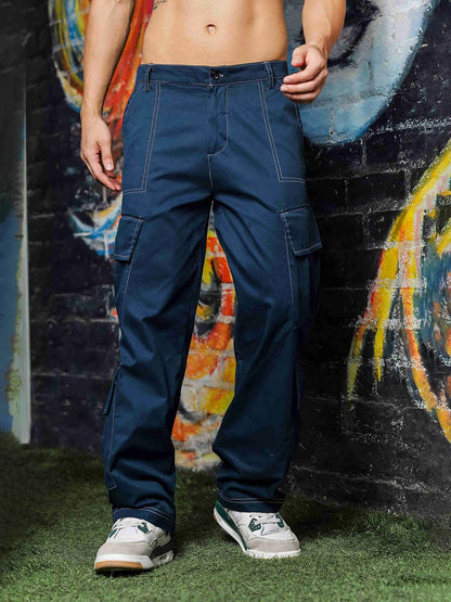House Of Koala Navy Baggy fit 8-Pocket Pure Cotton Cargo Trousers