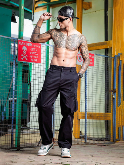 House Of Koala Black Baggy fit Korean Style 6 Pocket Relaxed Fit Pure Cotton Cargo Trousers