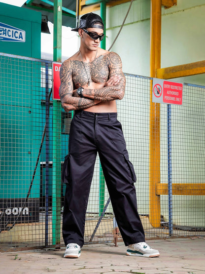 House Of Koala Black Baggy fit Korean Style 6 Pocket Relaxed Fit Pure Cotton Cargo Trousers