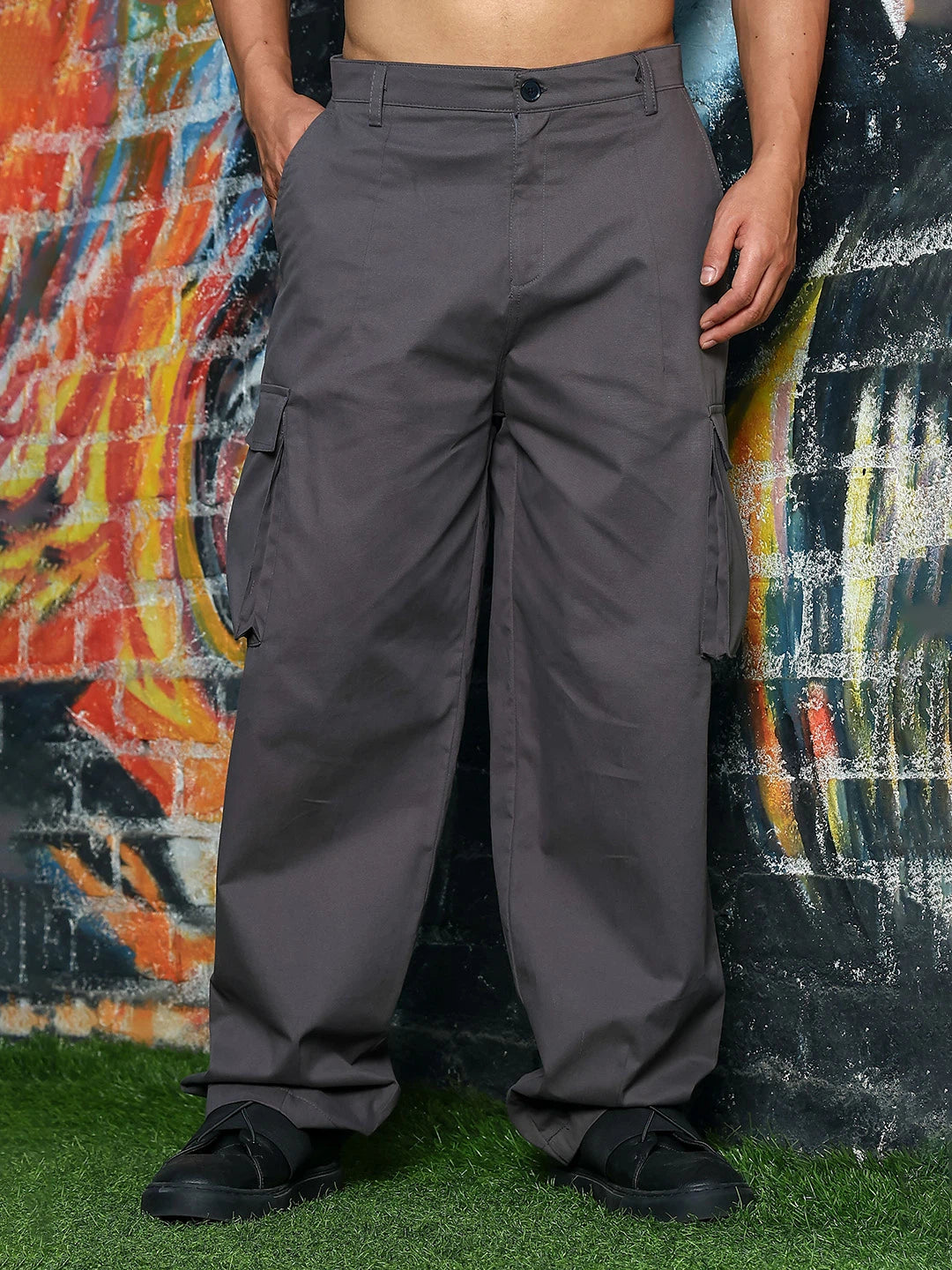 House Of Koala Grey Baggy fit Pure Cotton 6 Pocket Cargo Trousers