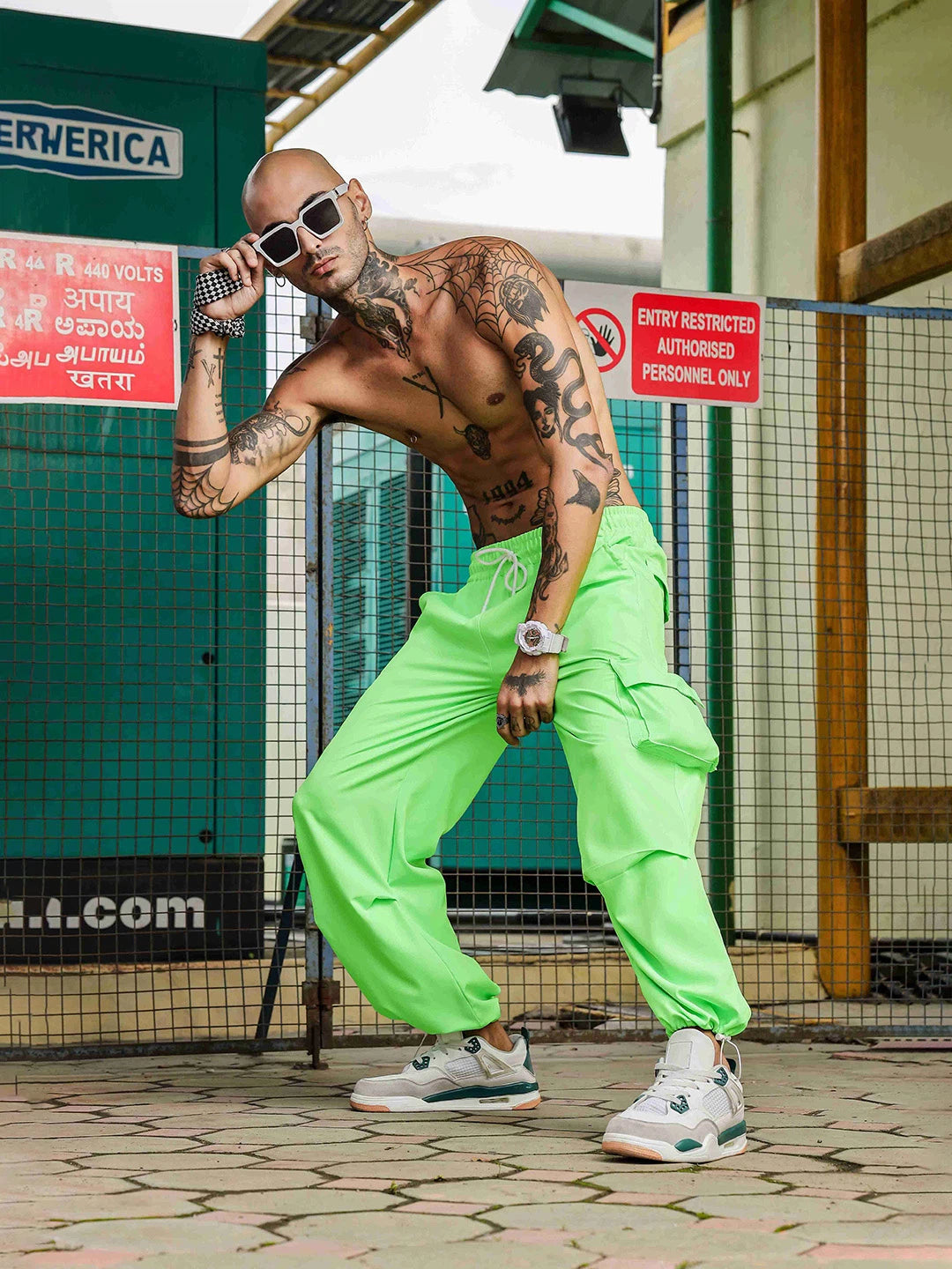 House Of Koala Baggy Fit Neon Green Parachute Cargo Trousers