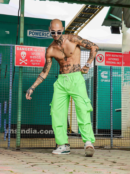 House Of Koala Baggy Fit Neon Green Parachute Cargo Trousers