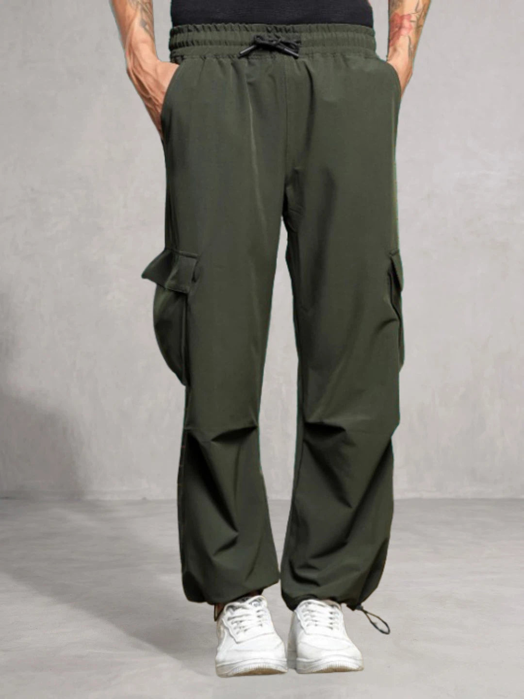 House Of Koala Olive Baggy Fit Parachute Cargo Trousers
