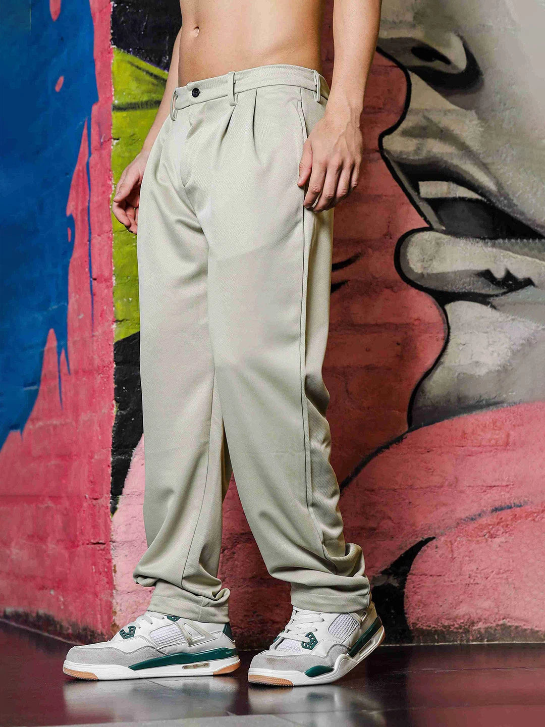 House Of Koala Beige Baggy fit Double Pleated Korean Trousers