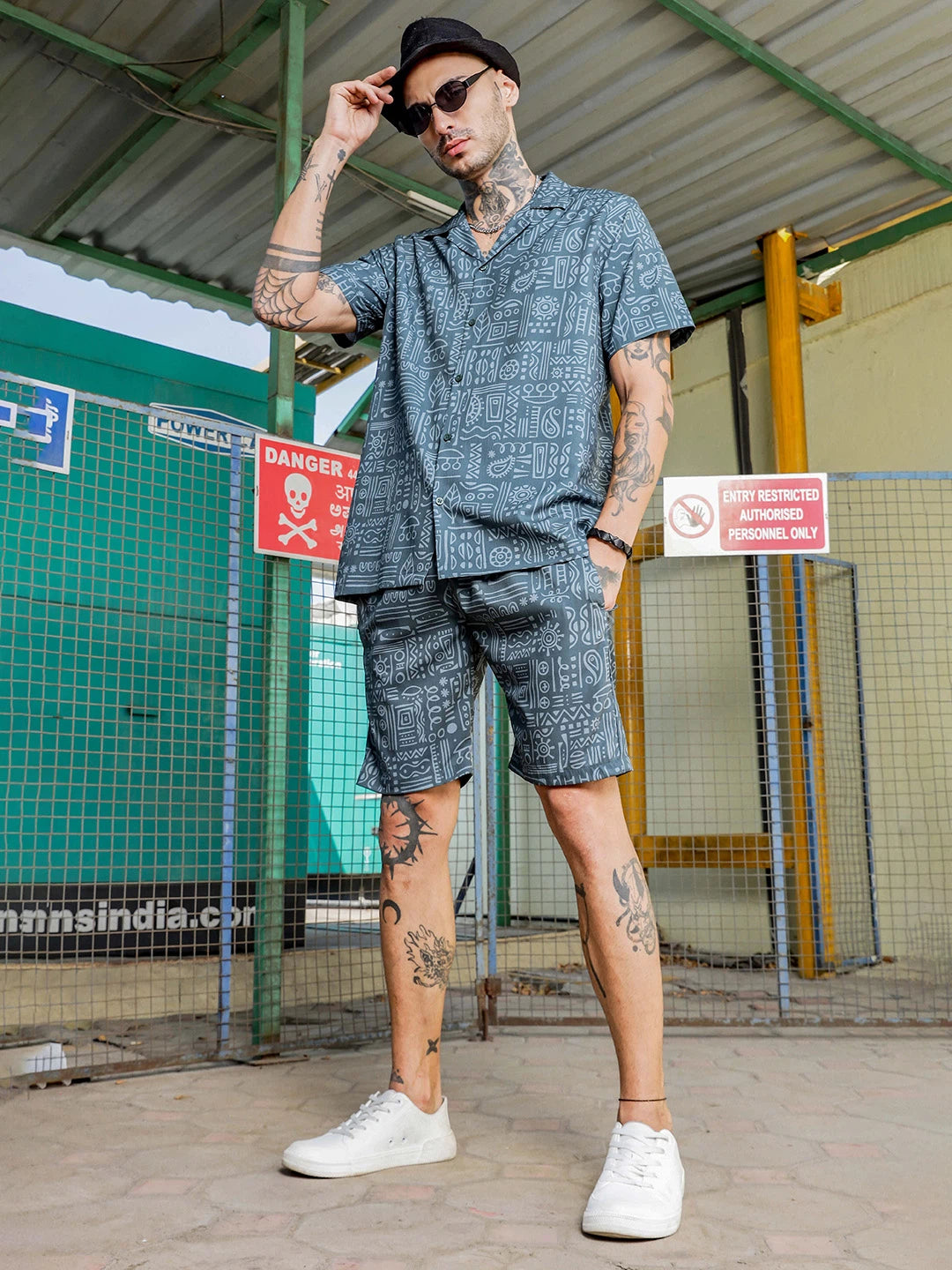 House Of Koala Grey Tribal Print Textured Fabric Relaxed Fit Shorts