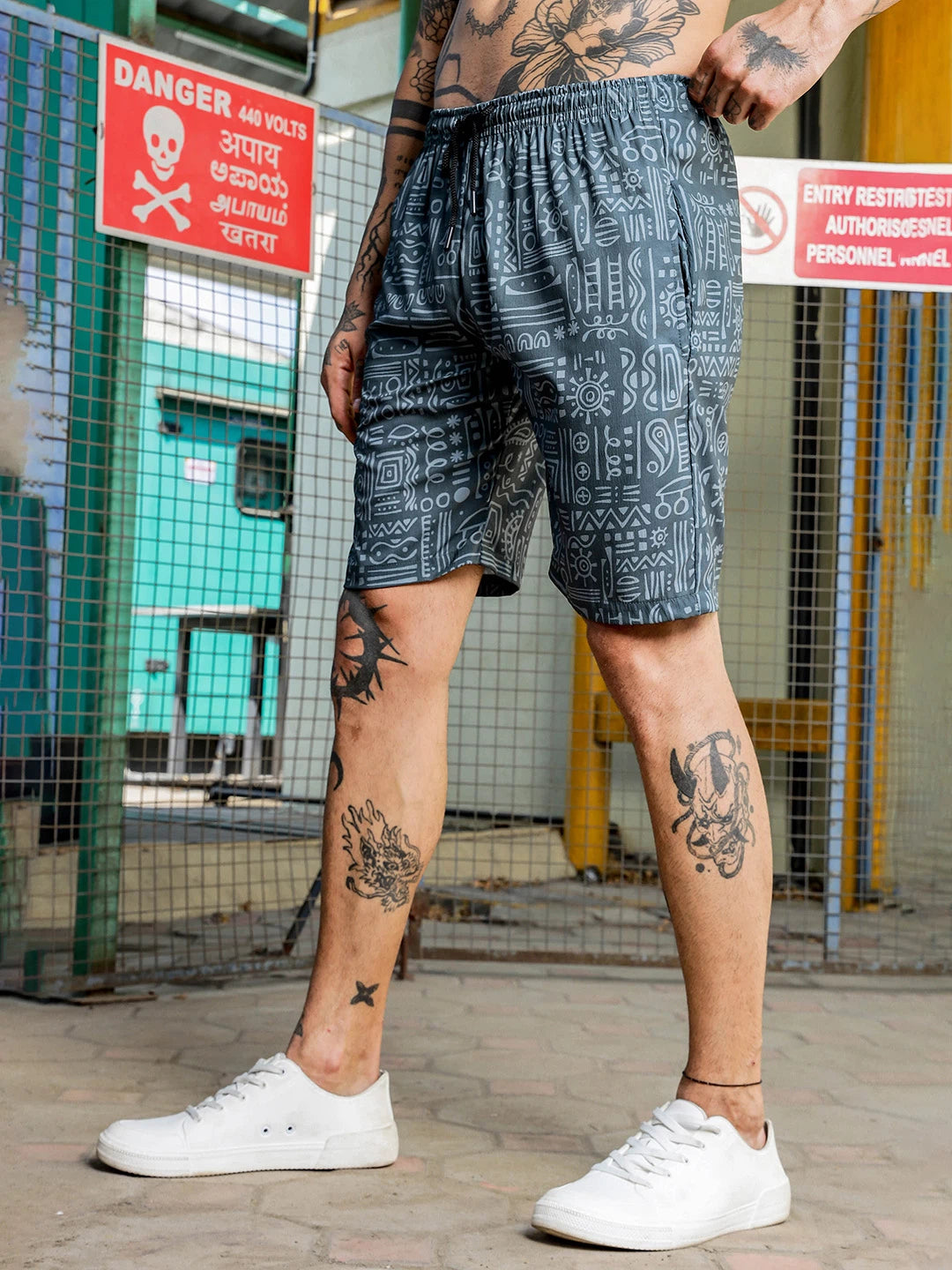 House Of Koala Grey Tribal Print Textured Fabric Relaxed Fit Shorts