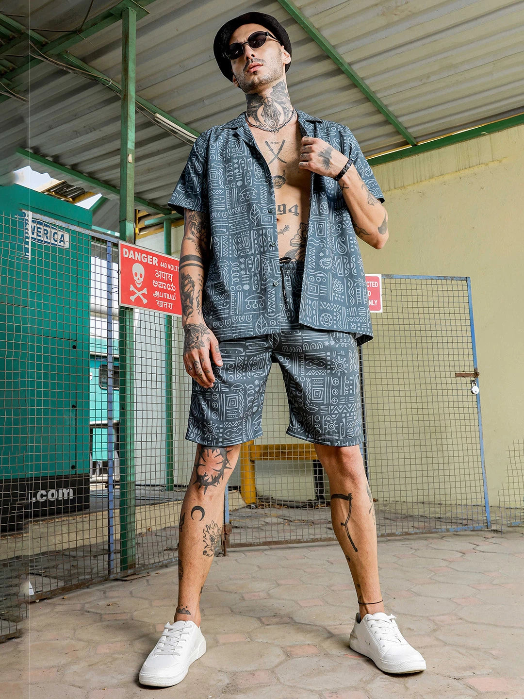 House Of Koala Grey Tribal Print Textured Fabric Relaxed Fit Shorts
