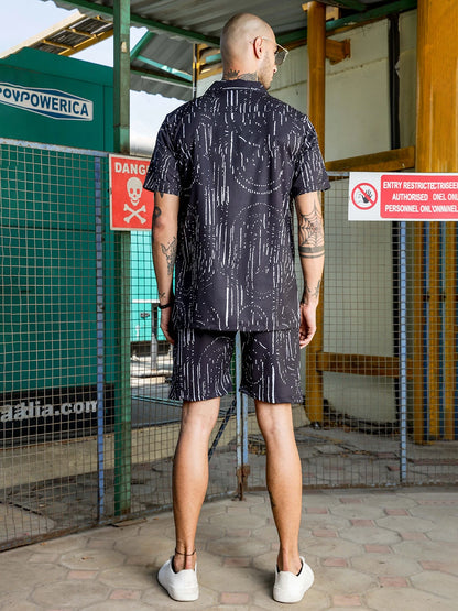 House Of Koala Black Geometric Print Textured Fabric Relaxed Fit Shorts