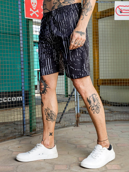 House Of Koala Black Geometric Print Textured Fabric Relaxed Fit Shorts