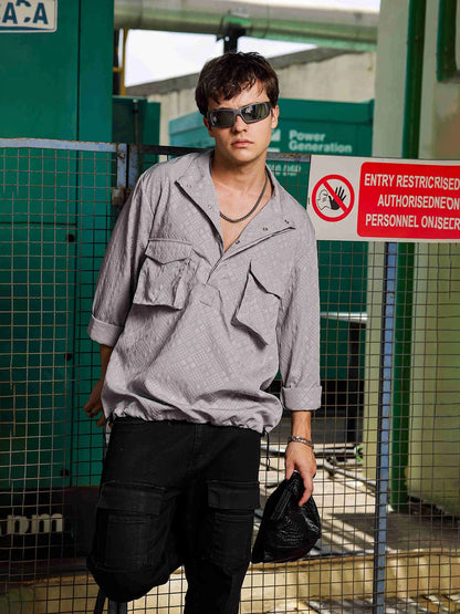 House Of Koala Grey Oversized Jacquard Textured Shacket Pullover