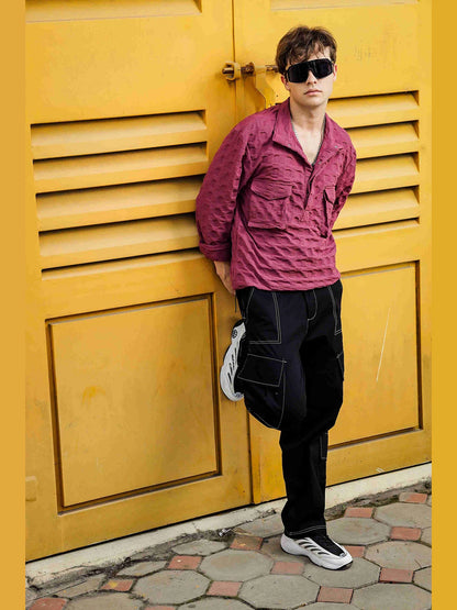 House Of Koala Oversized Wine Textured Shirt Shacket