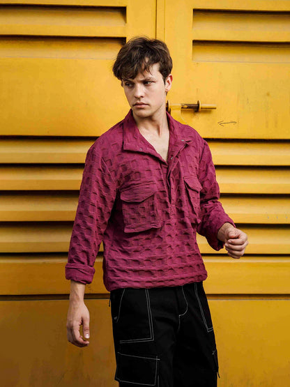 House Of Koala Oversized Wine Textured Shirt Shacket