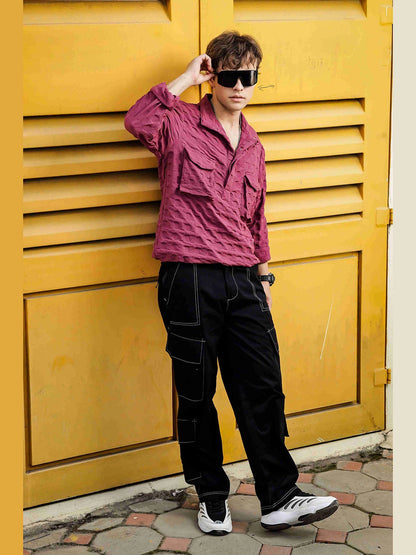 House Of Koala Oversized Wine Textured Shirt Shacket