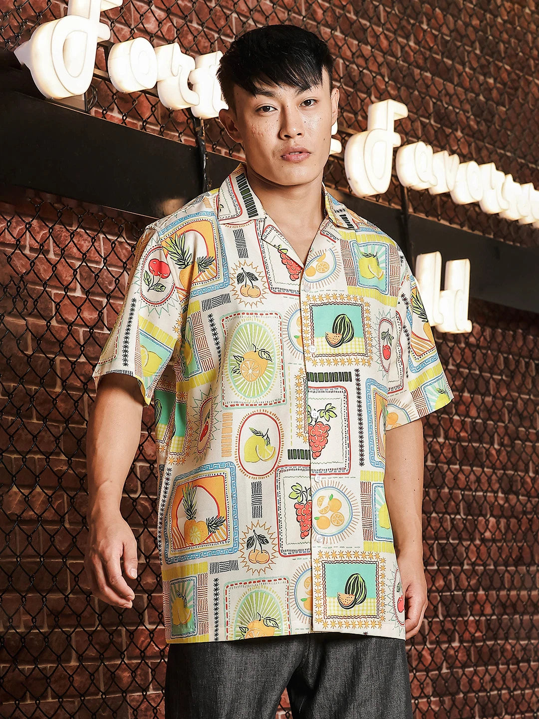 House Of Koala Beige Quirk Tropical Printed Classic Relaxed Fit Resort Shirt