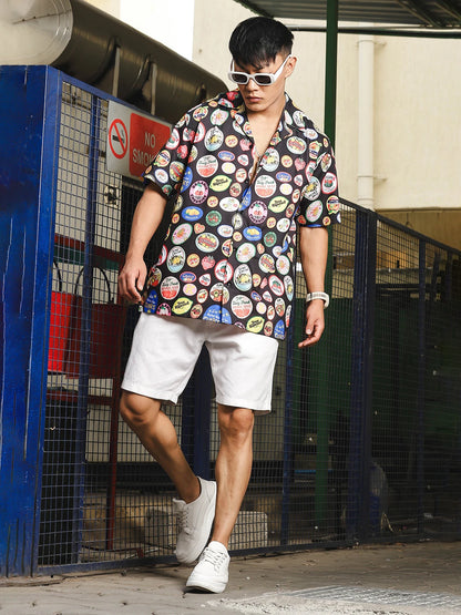 House Of Koala Black Quirk Stamp Printed Classic Relaxed Fit Resort Shirt
