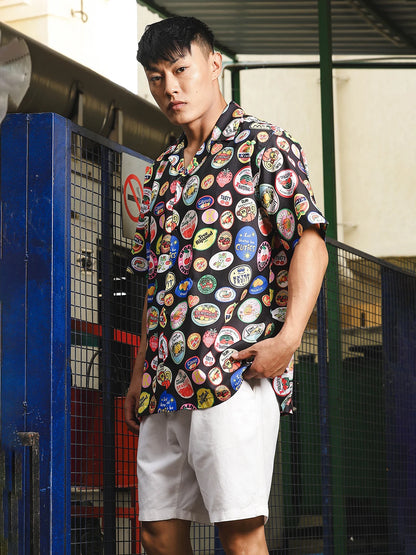 House Of Koala Black Quirk Stamp Printed Classic Relaxed Fit Resort Shirt