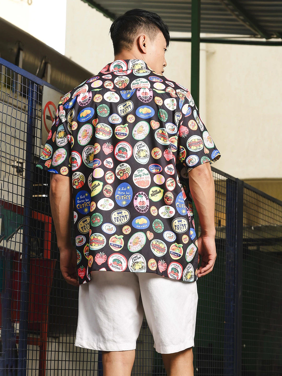 House Of Koala Black Quirk Stamp Printed Classic Relaxed Fit Resort Shirt