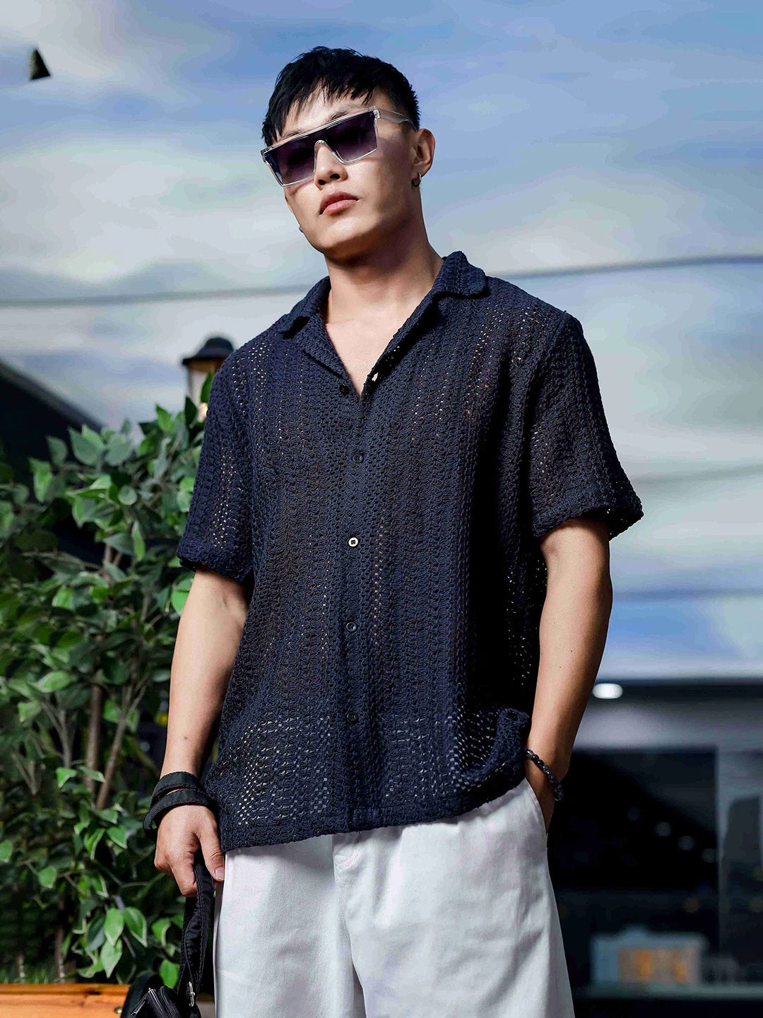 House Of Koala Relaxed Fit Black Cotton Crochet Resort Shirt