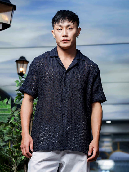 House Of Koala Relaxed Fit Black Cotton Crochet Resort Shirt
