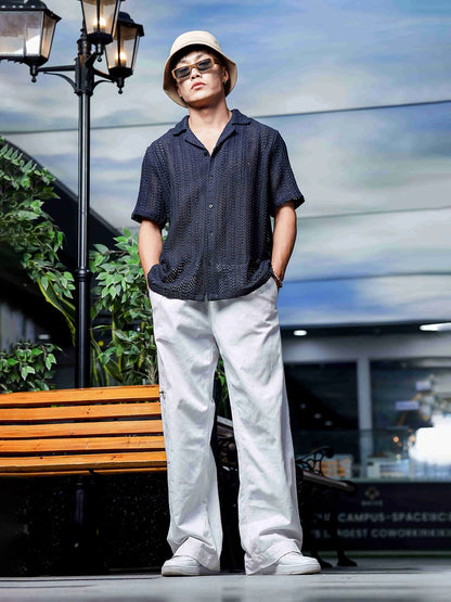 House Of Koala Relaxed Fit Black Cotton Crochet Resort Shirt