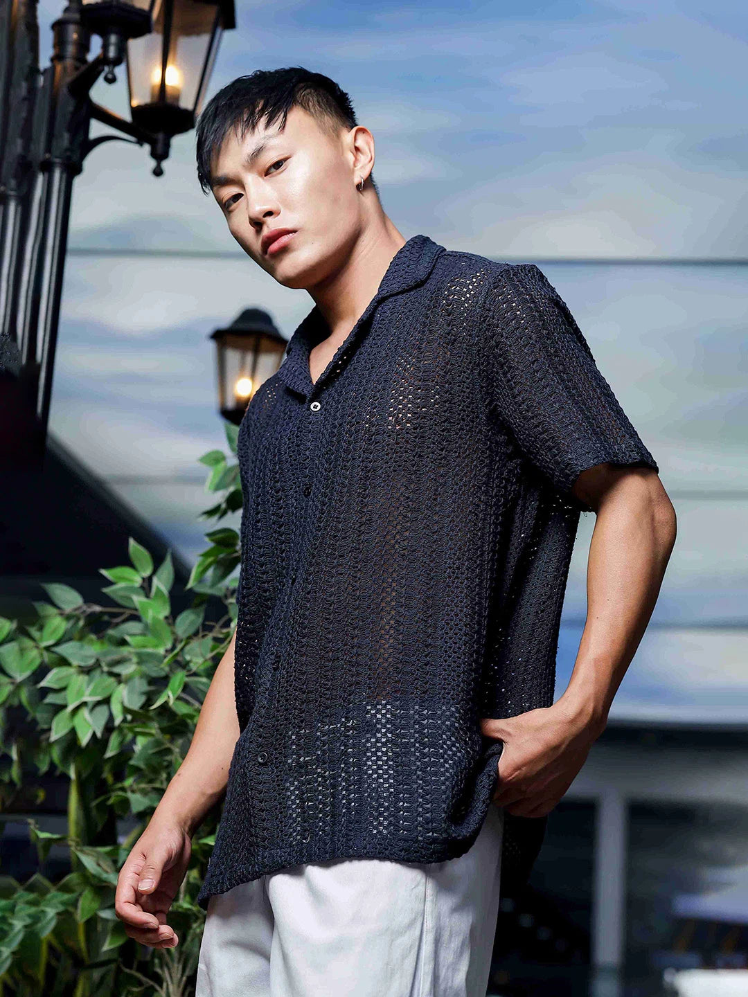 House Of Koala Relaxed Fit Black Cotton Crochet Resort Shirt