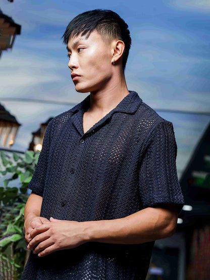 House Of Koala Relaxed Fit Black Cotton Crochet Resort Shirt