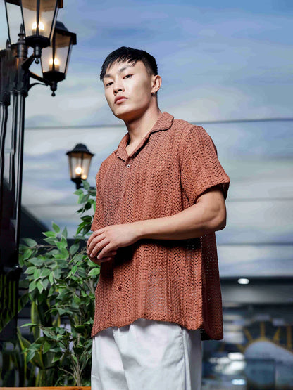 House Of Koala Brown Pure Cotton Crochet Resort Shirt