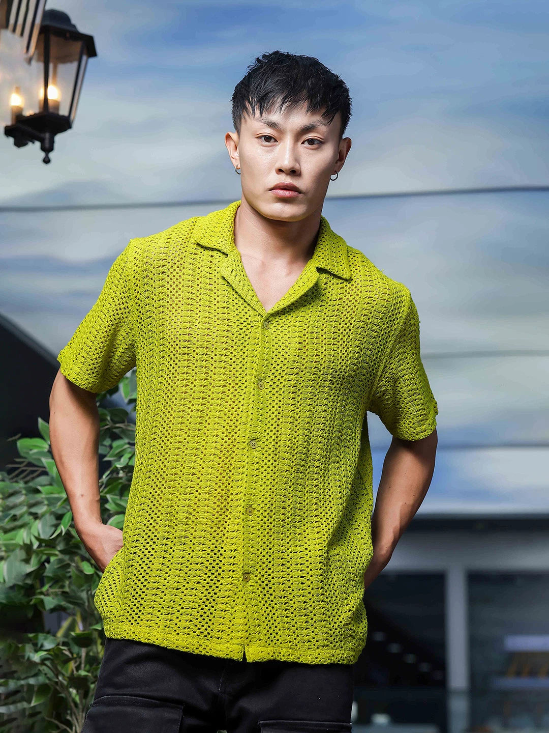 House Of Koala Lime Green Relaxed Fit Pure Cotton Crochet Resort Shirt