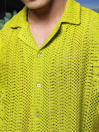House Of Koala Lime Green Relaxed Fit Pure Cotton Crochet Resort Shirt