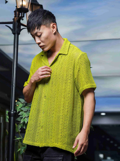 House Of Koala Lime Green Relaxed Fit Pure Cotton Crochet Resort Shirt