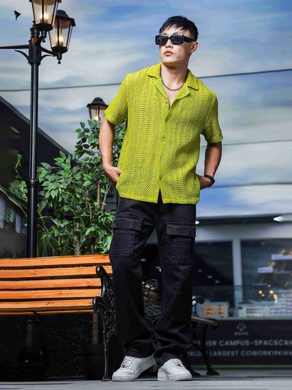 House Of Koala Lime Green Relaxed Fit Pure Cotton Crochet Resort Shirt