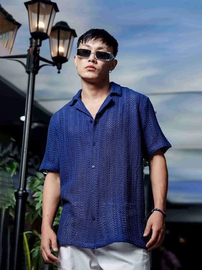 House Of Koala Navy Blue Relaxed Fit Pure Cotton Crochet Resort Shirt