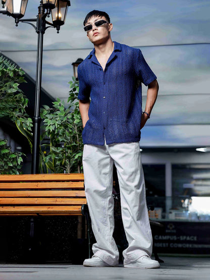 House Of Koala Navy Blue Relaxed Fit Pure Cotton Crochet Resort Shirt