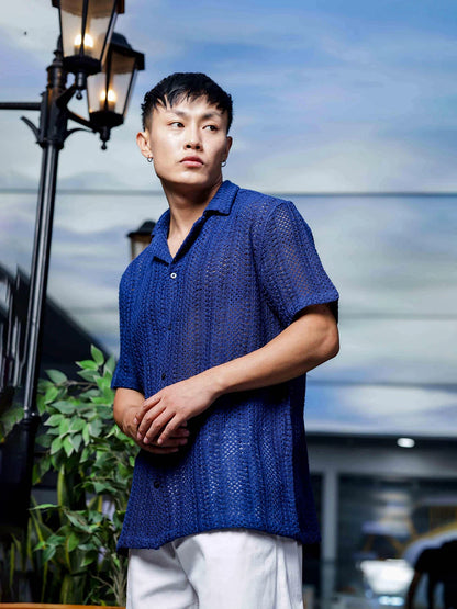House Of Koala Navy Blue Relaxed Fit Pure Cotton Crochet Resort Shirt