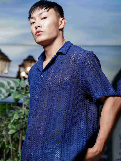 House Of Koala Navy Blue Relaxed Fit Pure Cotton Crochet Resort Shirt