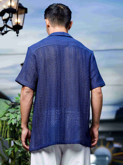 House Of Koala Navy Blue Relaxed Fit Pure Cotton Crochet Resort Shirt
