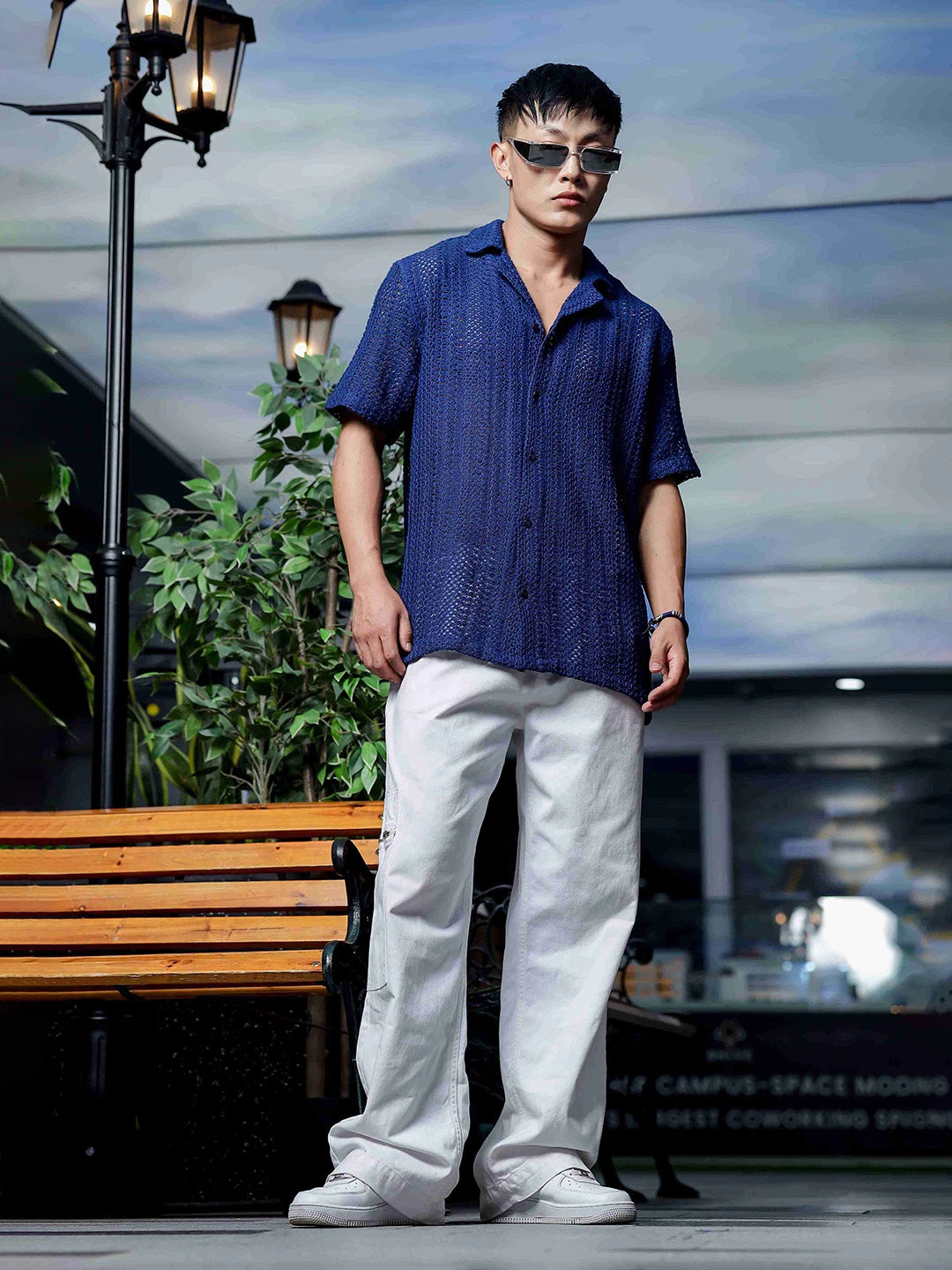 House Of Koala Navy Blue Relaxed Fit Pure Cotton Crochet Resort Shirt