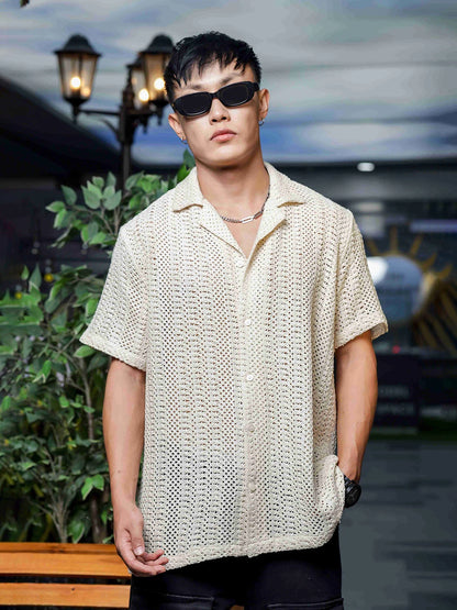 House Of Koala Off White Relaxed Fit Pure Cotton Crochet Resort Shirt