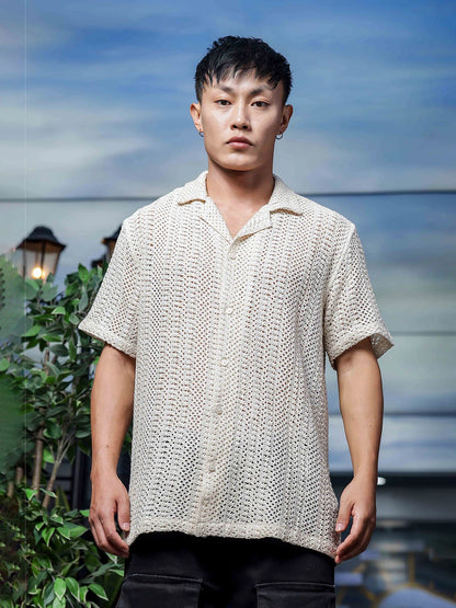 House Of Koala Off White Relaxed Fit Pure Cotton Crochet Resort Shirt