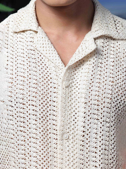 House Of Koala Off White Relaxed Fit Pure Cotton Crochet Resort Shirt