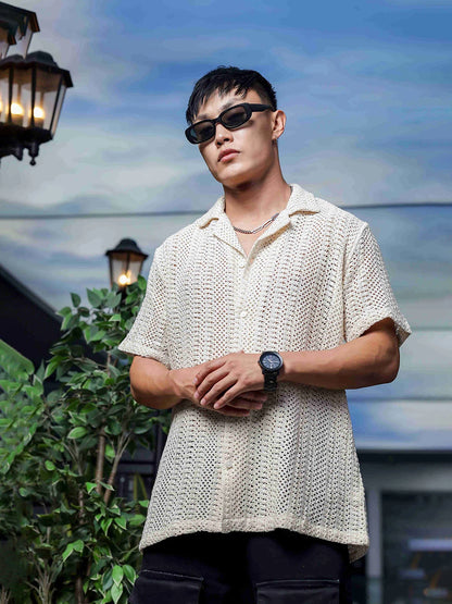 House Of Koala Off White Relaxed Fit Pure Cotton Crochet Resort Shirt