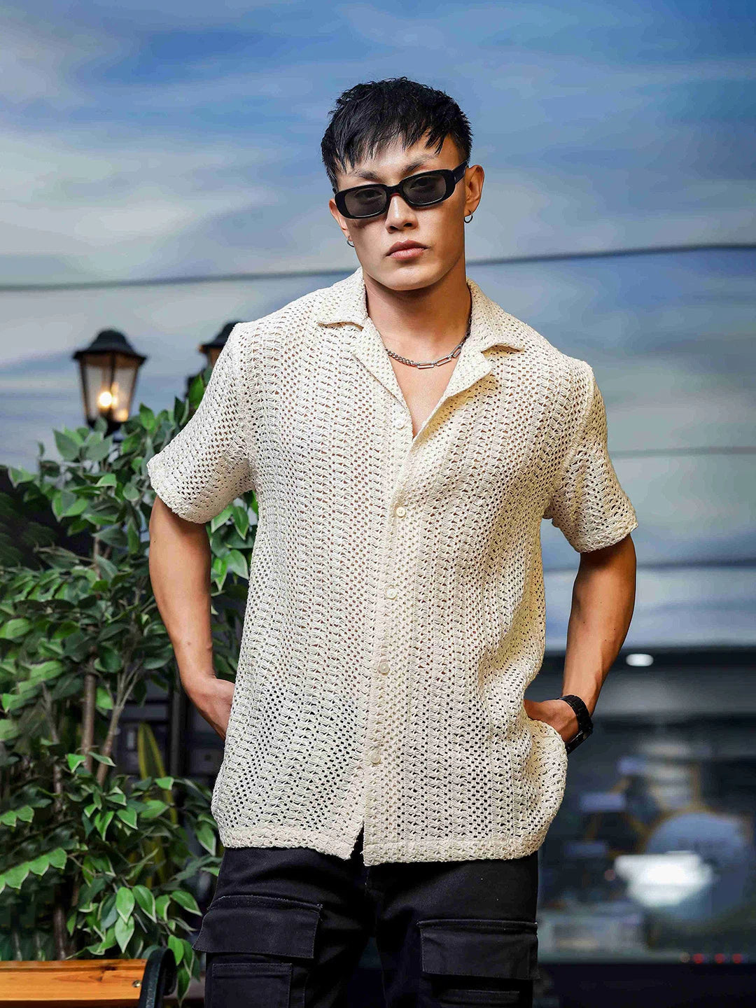 House Of Koala Off White Relaxed Fit Pure Cotton Crochet Resort Shirt