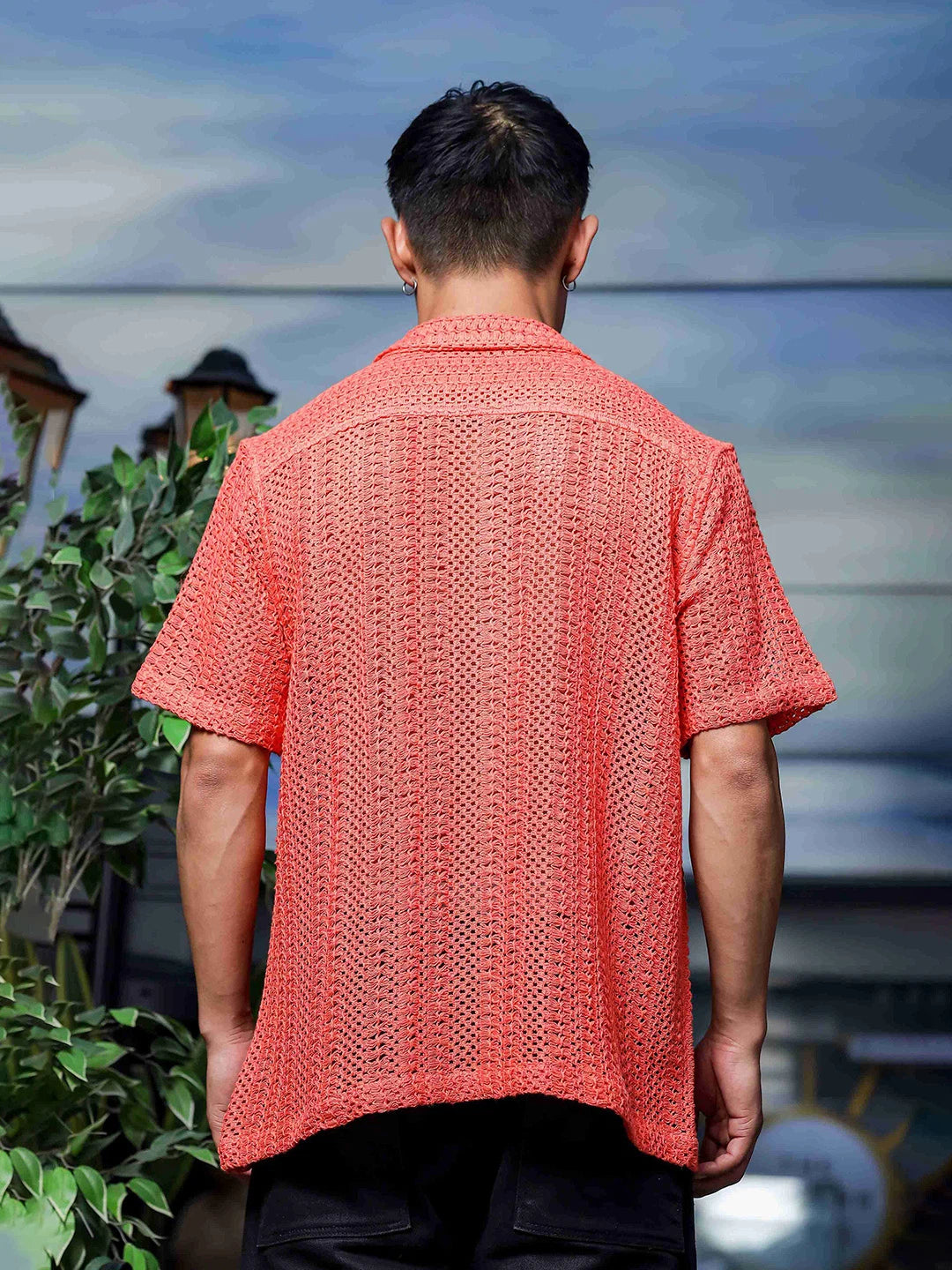 House Of Koala Relaxed Fit Pink Cotton Crochet Resort Shirt