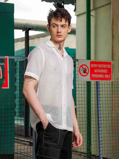 House Of Koala White Crochet Textured Relaxed Fit Casual Shirt