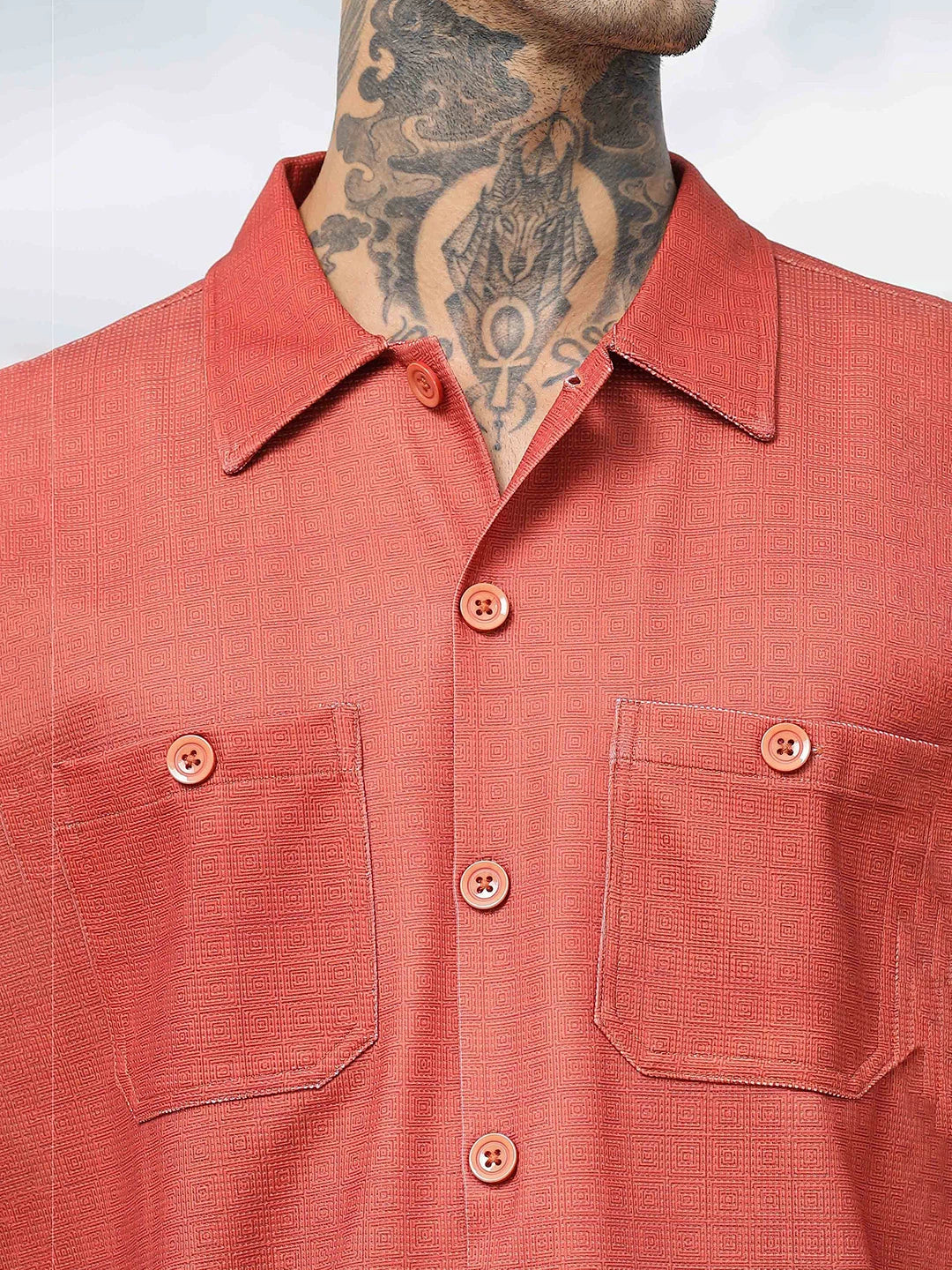 House Of Koala Oversized Brown Textured Double Pocket Shirt Shacket