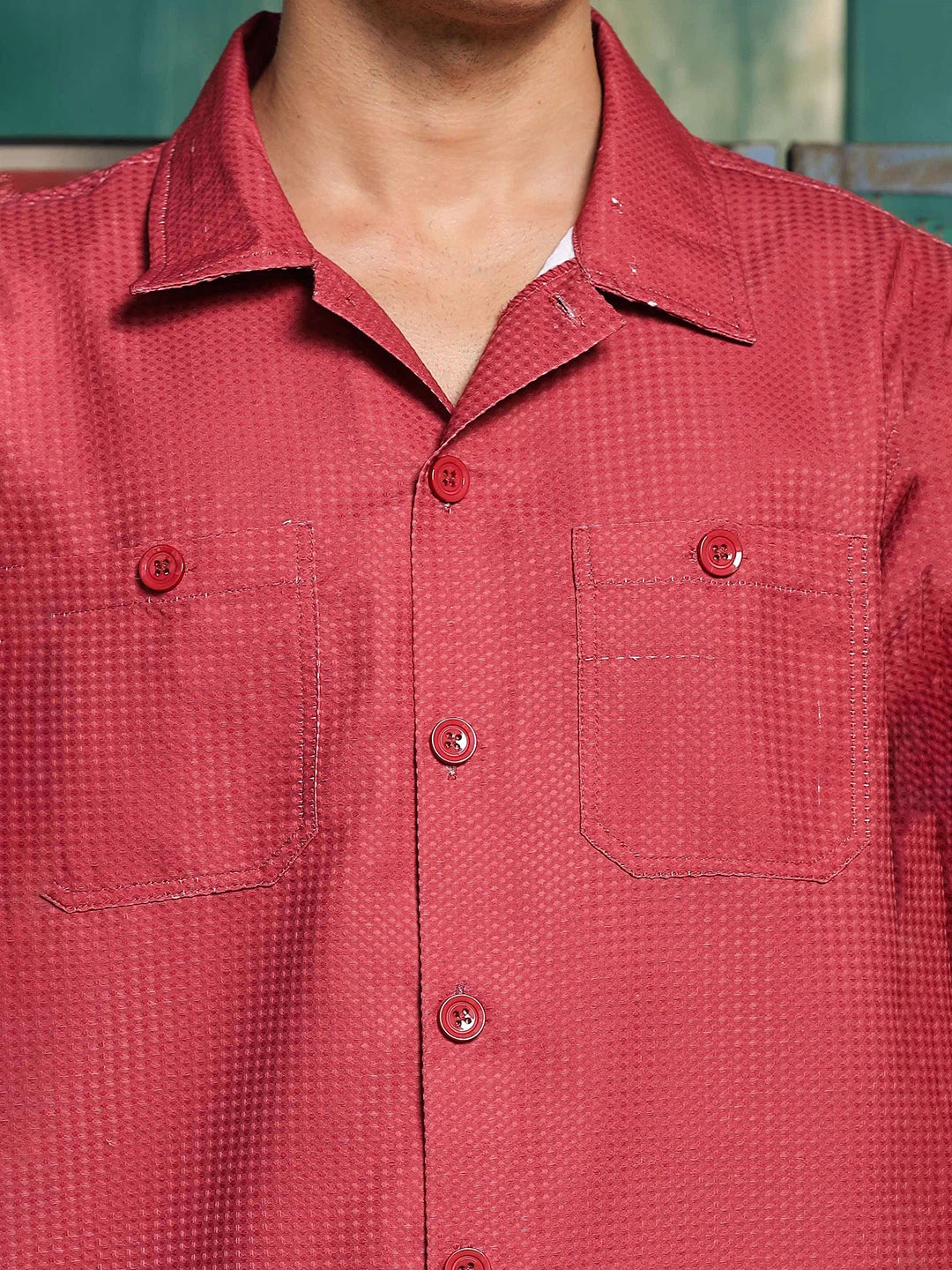 House Of Koala Maroon Red Textured Fabric Relaxed Fit Full Sleeve Shacket Shirt