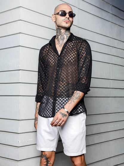 House Of Koala Black Semi Sheer Georgette Relaxed Fit Shirt