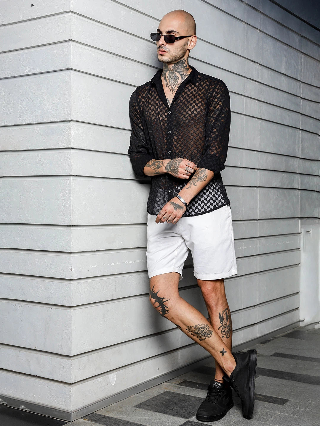 House Of Koala Black Semi Sheer Georgette Relaxed Fit Shirt