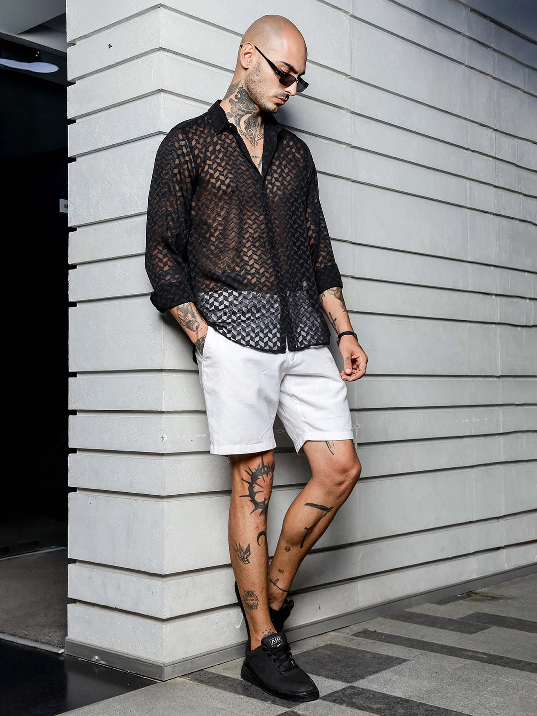 House Of Koala Black Semi Sheer Georgette Relaxed Fit Shirt