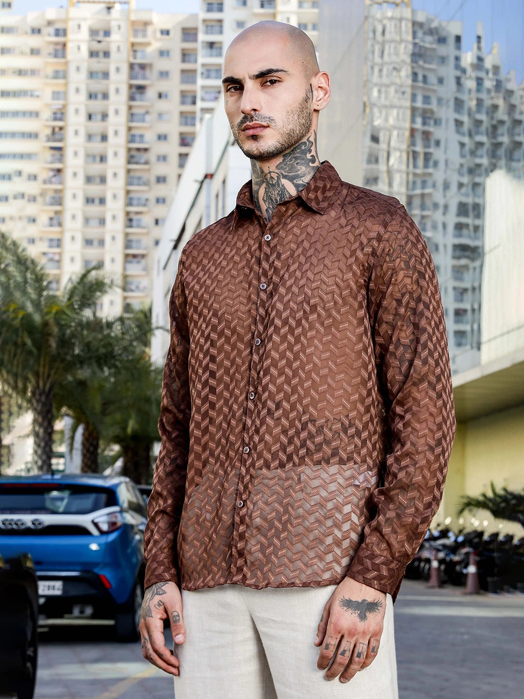 House Of Koala Brown Classic Semi Sheer Georgette Relaxed Fit Shirt